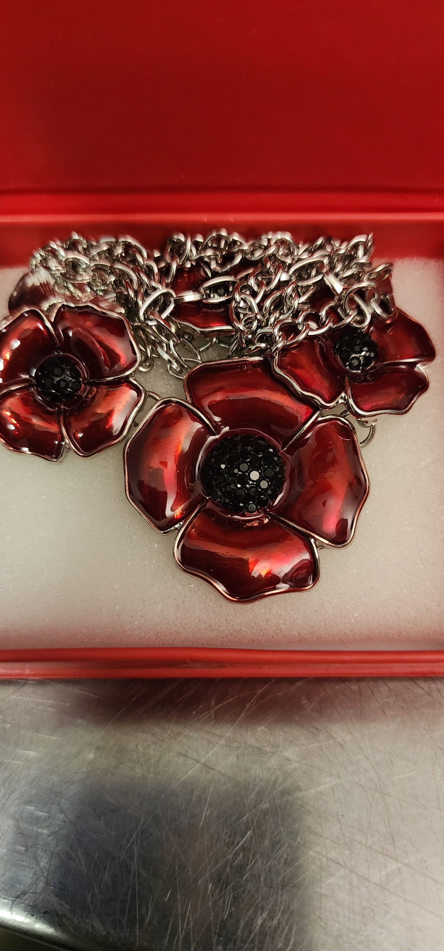 Black Austrian Crystal and Enameled Poppy Flower Necklace 20 Inches in Silvertone