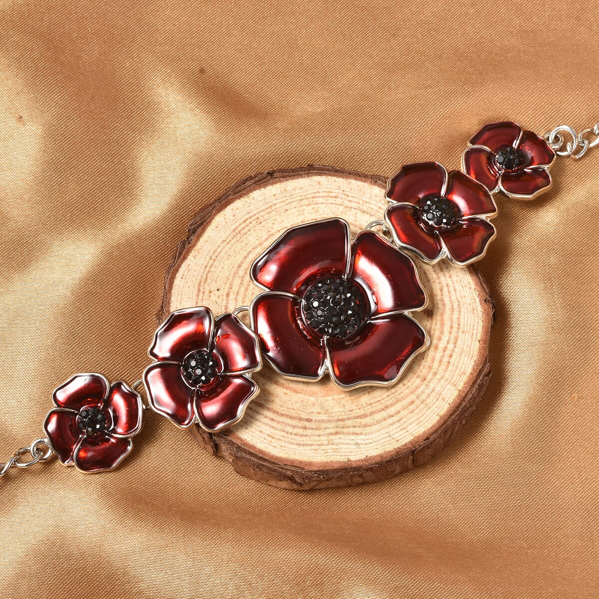 Black Austrian Crystal and Enameled Poppy Flower Necklace 20 Inches in Silvertone