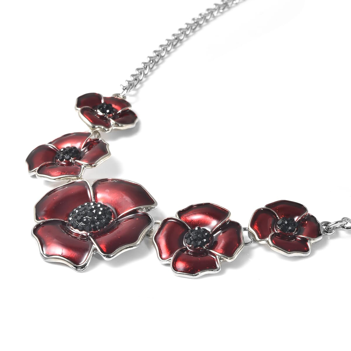Black Austrian Crystal and Enameled Poppy Flower Necklace 20 Inches in Silvertone