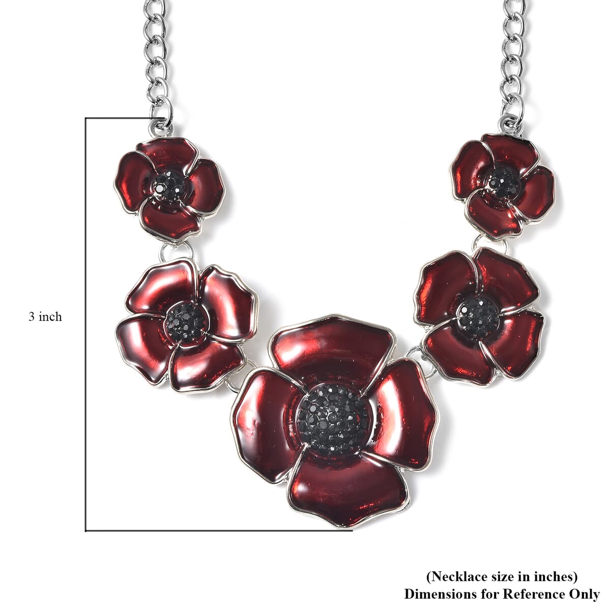 Black Austrian Crystal and Enameled Poppy Flower Necklace 20 Inches in Silvertone