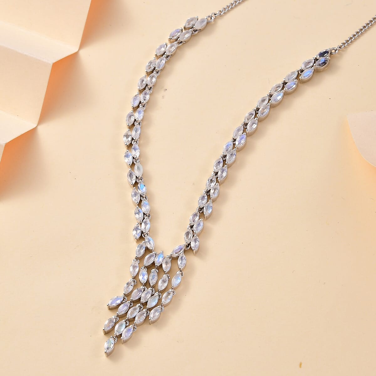 Premium Moon Glow Moonstone 8.20 ctw Moonlight Waterfall Necklace in Rhodium Over Sterling Silver 18-20 Inches