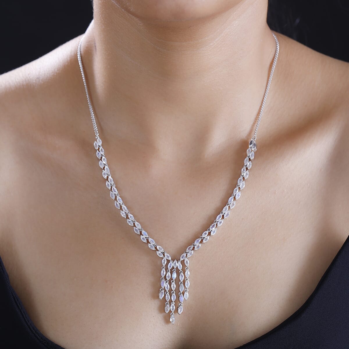 Premium Moon Glow Moonstone 8.20 ctw Moonlight Waterfall Necklace in Rhodium Over Sterling Silver 18-20 Inches