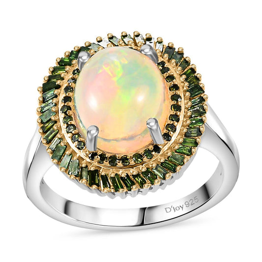 Premium Ethiopian Welo Opal and Green Diamond 2.75 ctw in Rhodium Over Sterling Silver (Size 7)