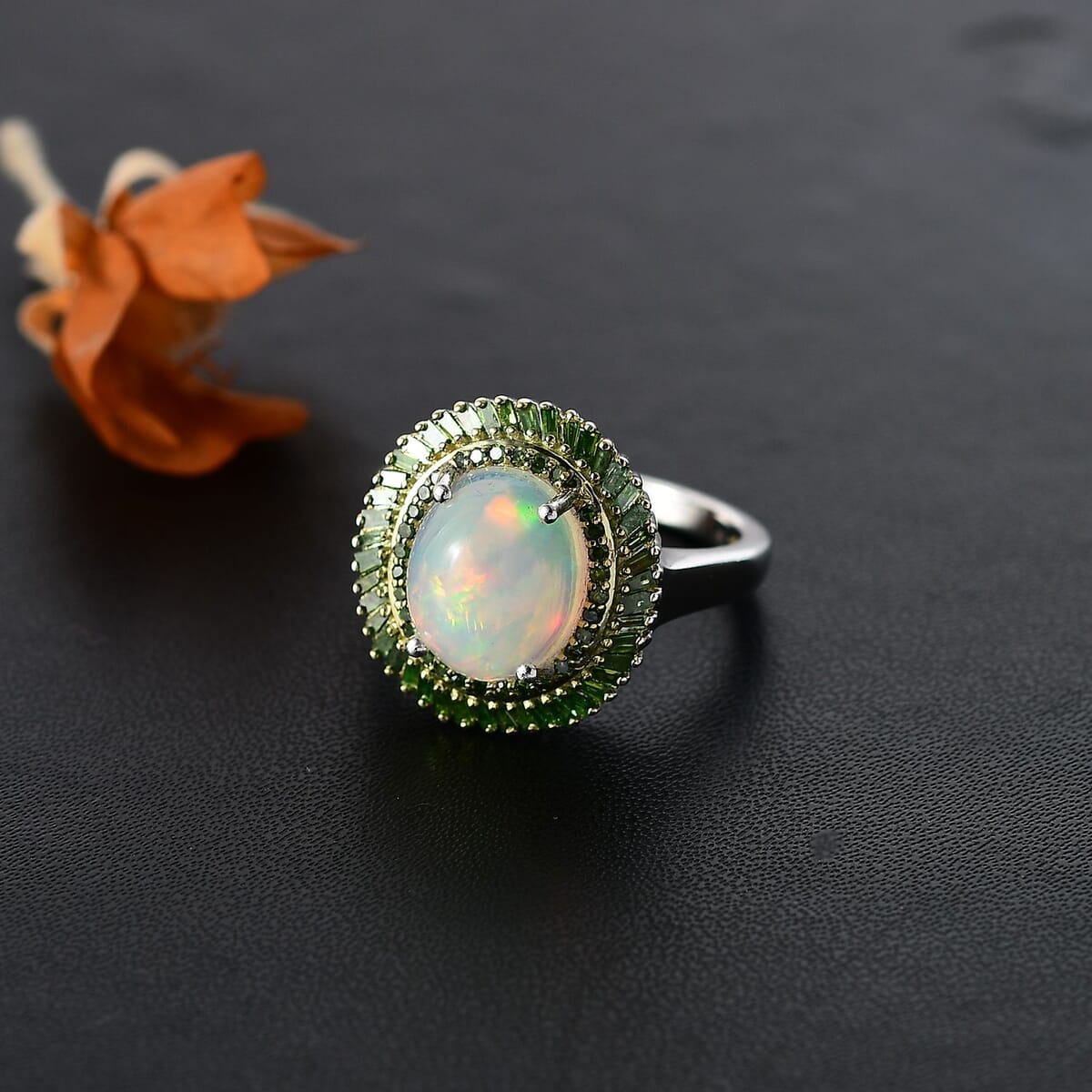 Premium Ethiopian Welo Opal and Green Diamond 2.75 ctw in Rhodium Over Sterling Silver (Size 7)