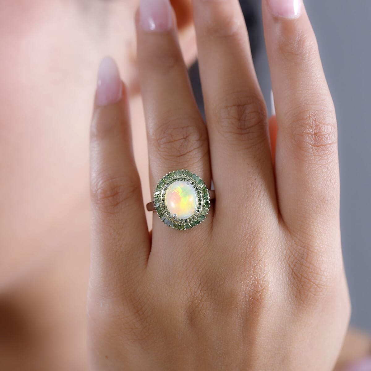 Premium Ethiopian Welo Opal and Green Diamond 2.75 ctw in Rhodium Over Sterling Silver (Size 7)