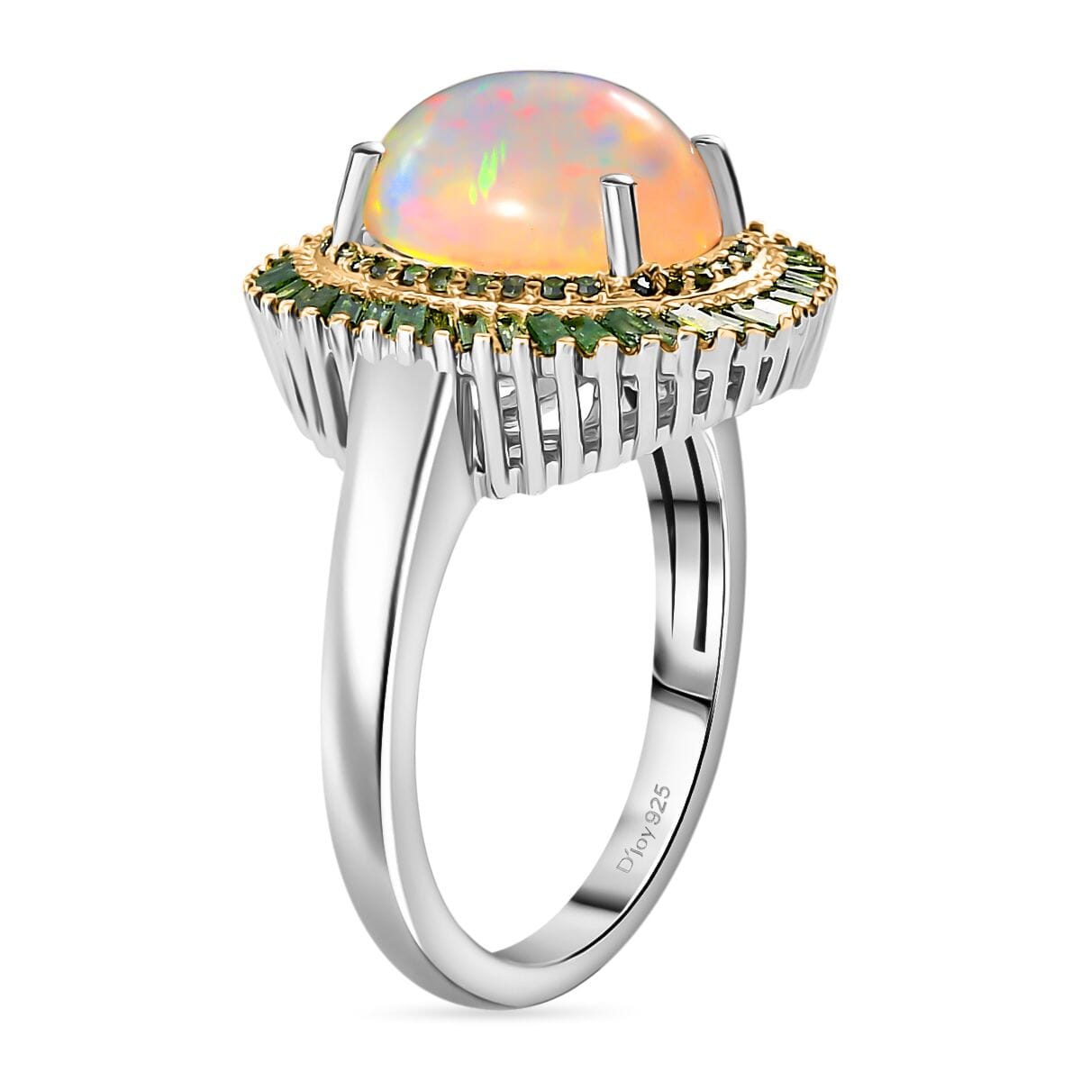 Premium Ethiopian Welo Opal and Green Diamond 2.75 ctw in Rhodium Over Sterling Silver (Size 7)